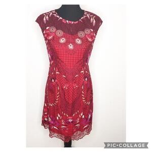 Vicky and Lucas red maroon embroidered floral overlay dress size Medium